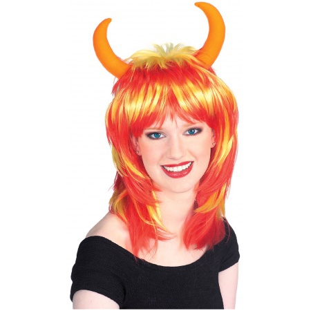 Devil Wig With Horns Costume Accessory Red, Orange & Yellow Fire image