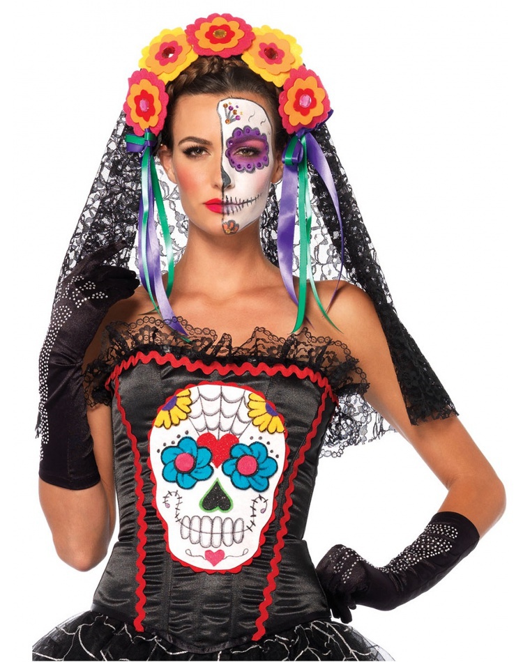 The adult sugar skull costume bustier include(s). 